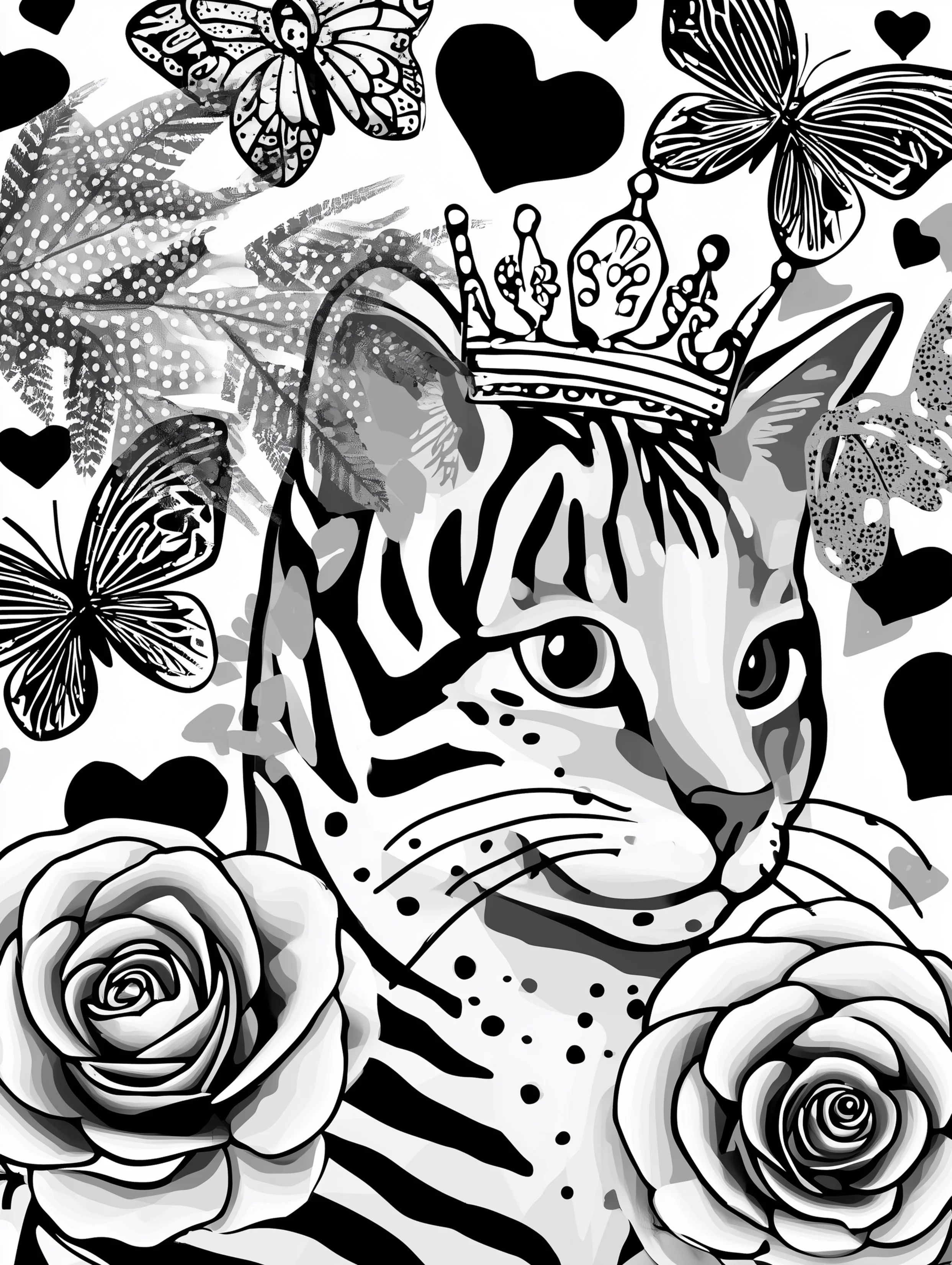 Free printable cats coloring page featuring a crowned kitty